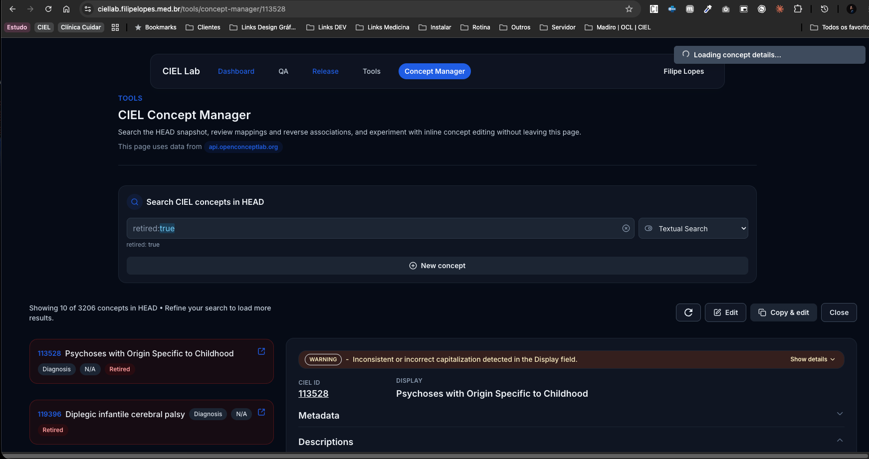 Concept Manager in the production application